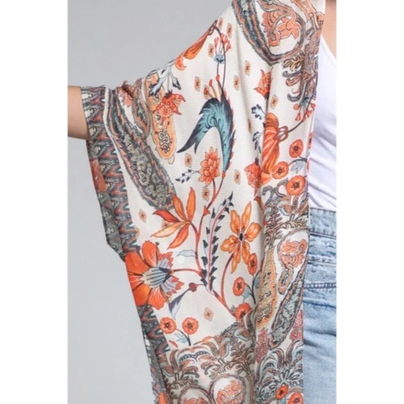 Alabaster Dobby Jacquard Intricate Jacobean Motif Boho Bohemian Kimono Wrap Top - Picture 4 of 5
